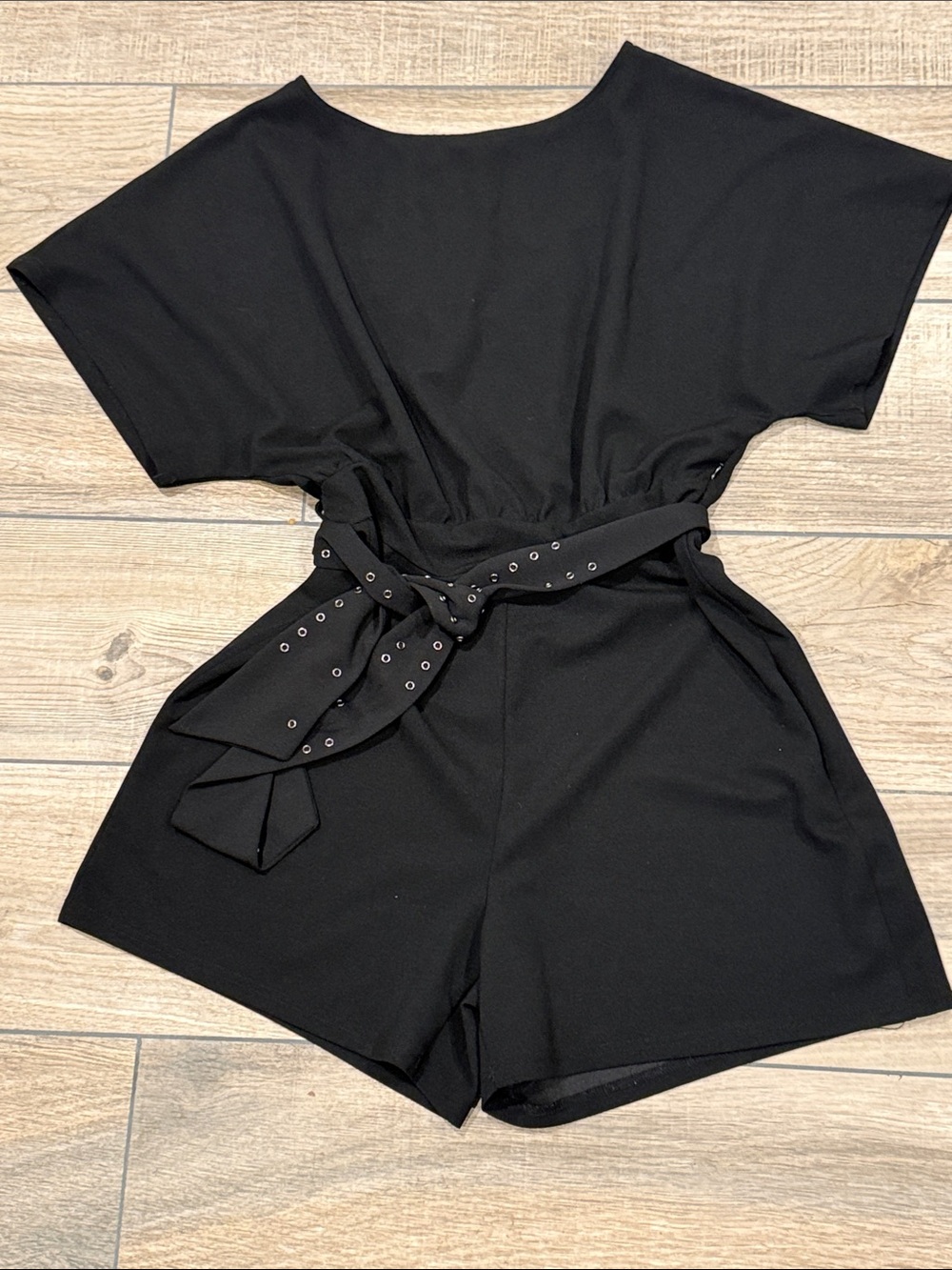 Black Short Sleeve Romper with Eyelet Tie Belt
